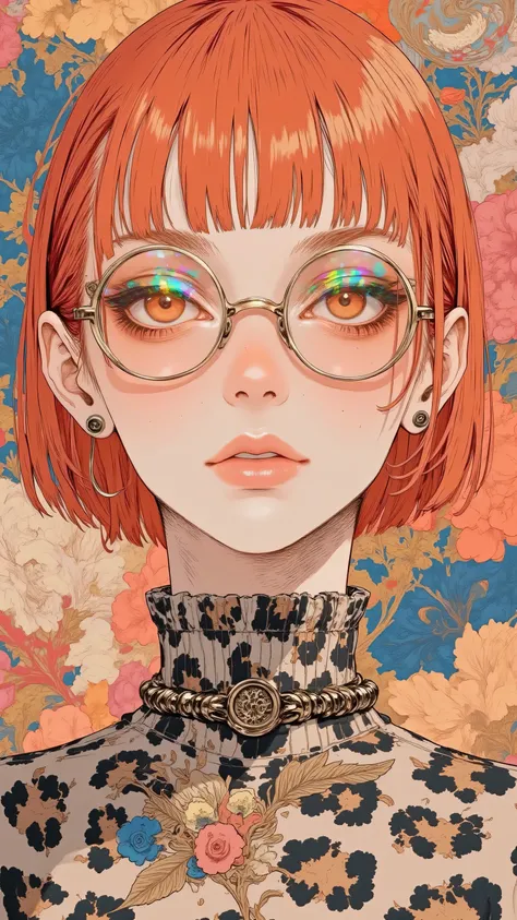 8k, masterpiece, highest quality, Korea's Beautiful Women, Close-up, frontal viewpoint.  Red hair, pale skin, orange-red lips,  large eyes, round glasses,  leopard print shirt,  straight pose,  floral background,  dreamy, surreal.