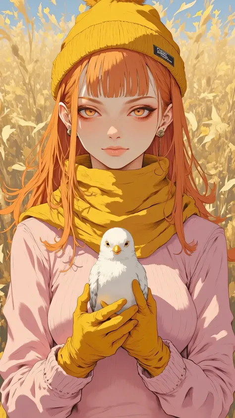 8k, masterpiece, highest quality, Korea's Beautiful Women, Long, orange hair, braids. Pale skin, freckles. Pink sweater, mustard yellow scarf, beanie with pom-pom, mustard yellow gloves. Serene expression. Holding white bird. Gentle pose. Blurred gol...