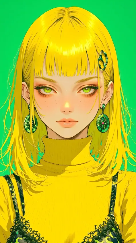 8k, masterpiece, highest quality, Korea's Beautiful Women, Close-up,  front-facing, yellow hair, blunt bangs, green eyeshadow, orange lipstick, yellow leopard-print turtleneck, circular earrings, bright green background.