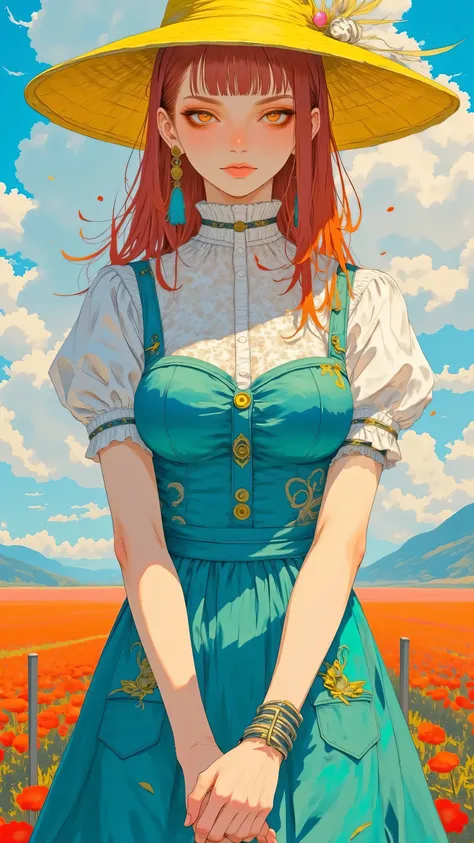 8k, masterpiece, highest quality, Korea's Beautiful Women, Red hair, calm expression, fair skin. Turquoise dress, yellow buttons, wide-brimmed yellow hat, feathered hat details. Hands clasped, serene pose. Orange-red field, blue sky, clouds.