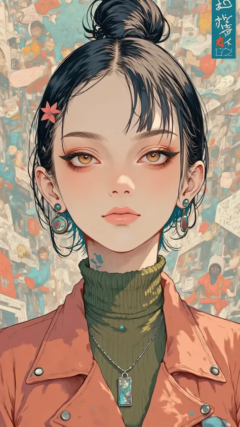 8k, masterpiece, highest quality, Korea's Beautiful Women, close-up. dark hair, updo, flower, prominent eyebrows, rosy cheeks, full lips, dangling earrings. coral jacket, teal spots, olive green turtleneck. geometric, teal, coral, off-white, textured.