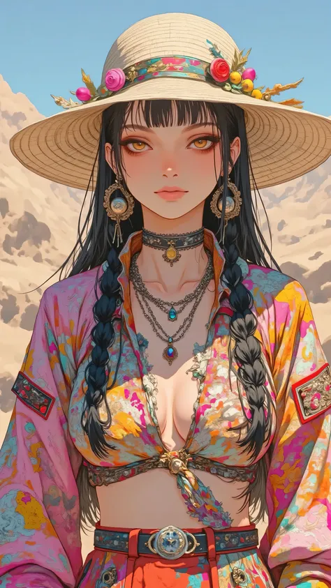 8k, masterpiece, highest quality, Korea's Beautiful Women,Close-up, long dark hair, braids, vibrant, colorful, sequined, beaded, two-piece outfit, jacket, skirt, wide-brimmed hat, embellished, dangling earrings, bright, varied colors, pinks, reds, oranges,...