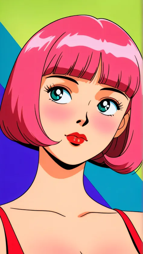 master piece:1.5、asian girl, pink hair, teal eyes, solo, bob cut, short hair, portrait, closed mouth, bangs, blunt bangs, red lips, shiny skin, huge breasts, cleavage, plunging neckline, style retro classic, illustrated anime, long slender legs, masterpiec...