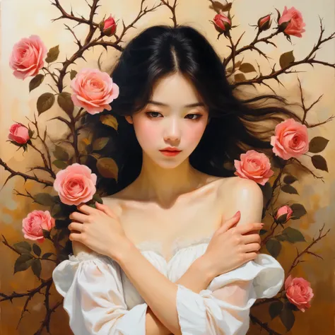 (oil painting:1.5),white brown withered:1.5 rose (branches) entwined the woman,rose thorns:1.5,solo,a Japanese,upper body:1.5,bewitching woman:1.4\(30 years old, very beautiful Japanese woman,hollow (open eyes),a little (upward) glance,skin without makeup,...