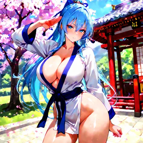 Nom : Élara. Race :humain. Description physique : Taille : 1,75 mètre. Couleur des yeux : bleu clair. Couleur des cheveux : blue hair. Traits de visage : sourire enjoué, yeux pétillants. Style vestimentaire : martial arts clothes. Pose : naughty and sexy. ...