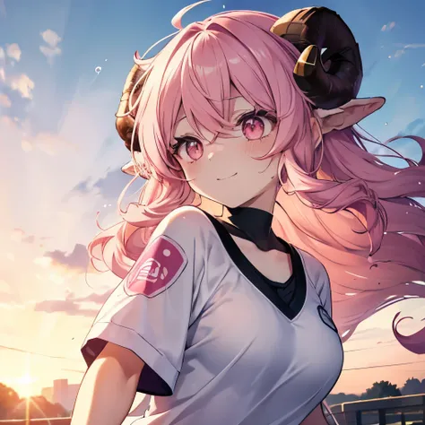 A close-up anime-style illustration of a girl named 'Fua-chan' with long, soft pink hair styled(( in curls resembling sheep’s horns.*))* She has bright pink eyes filled with determination and a cheerful smile. Fua-chan is wearing sporty attire suitable for...