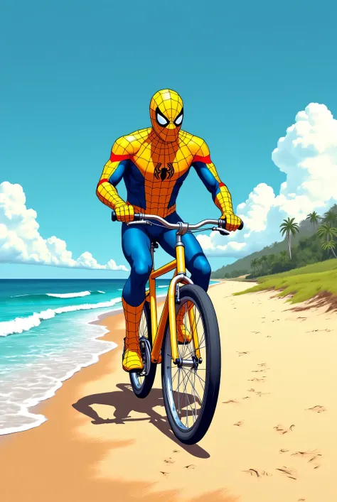 Draw a picture of Spiderman in a yellow costume, riding a bicycle on the beach area. 