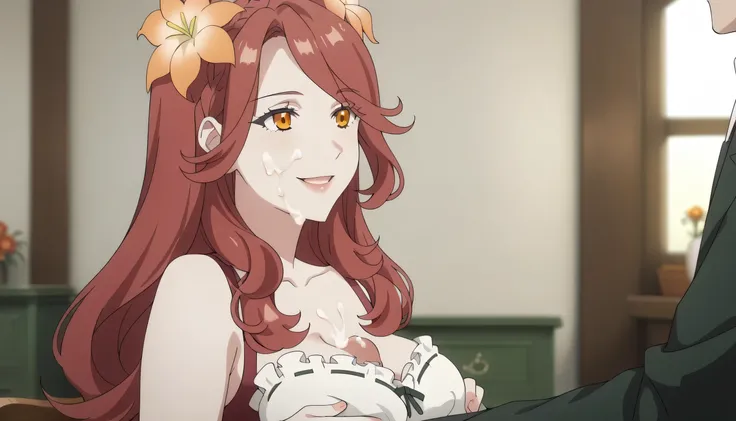 NSFW, score_9,  score_8_ up the side,  score_7_ up the side,  source_Anime, Lucrezia ,  long hair, Red Hair,  orange eyes ,  1 girl,1boy, paizuri,cum face,flower,  hair flower,  hair ornament, Chest,  Watch Viewers ,  shoulder out, smile,  clavicle,decorat...