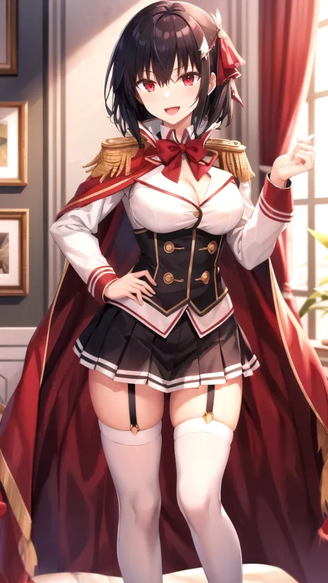 masterpiece, best quality, girl, solo, looking at viewer, anos_voldigoad, black hair, red eyes, large breasts, red cape, epaulettes, を消すと肩マントなし , feather hair ornament, black hair ribbon, white shirt, corset, green skirt, cleavage cutout, shoulder cutout, ...
