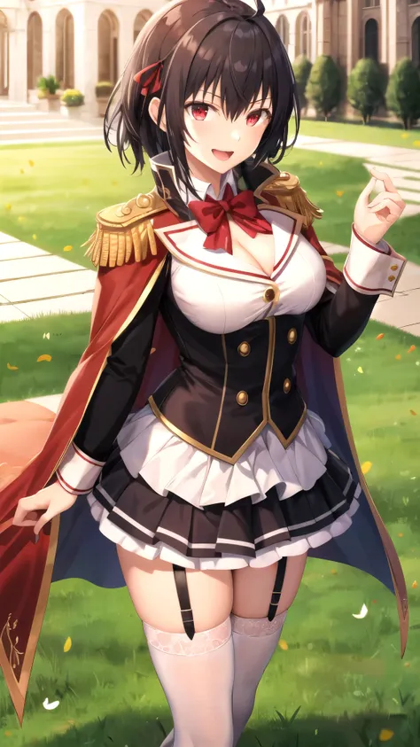 masterpiece, best quality, girl, solo, looking at viewer, anos_voldigoad, black hair, red eyes, large breasts, red cape, epaulettes, を消すと肩マントなし , feather hair ornament, black hair ribbon, white shirt, corset, green skirt, cleavage cutout, shoulder cutout, ...