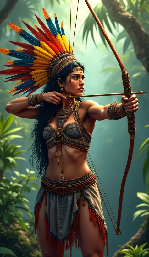  A Guarani warrior woman from the Amazon rainforest ,   portrayed in stunning 4K  .   She is dynamically positioned in a lush green jungle  ,   quality drawing a bow and arrow with precision  ,  symbolizing her leadership and combat abilities . Her elabora...