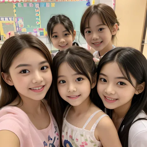 (((Very small 3 )))、((Super cute and popular idol、Four super cute, tiny elementary school girls in one photo))、(masterpiece).A perfect, beautiful, lovely, captivating &#39;s smile、(( small 3 photos of 4 people in 1 high-definition whole body))、((Short Hair...