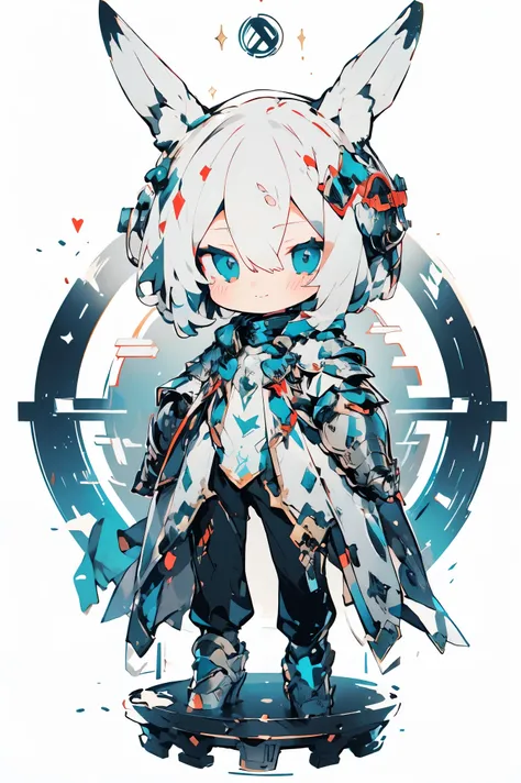 ((masterpiece)), accurate, textured skin, ((super detail)), high quality, high details, highres, best quality, chibi, knight, male, white hair, light smile, mechanical armor, rabbit ear