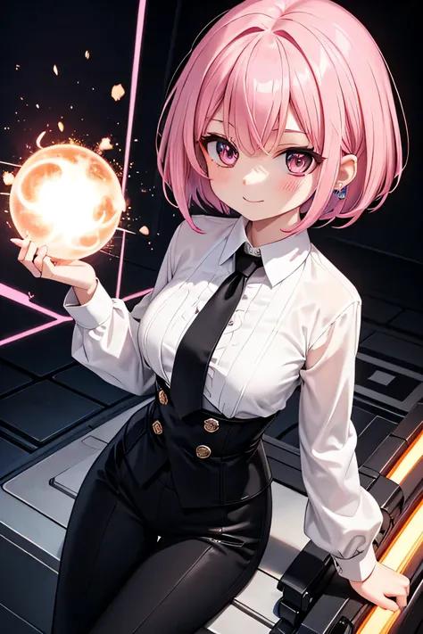 A photo overlooking her from directly above.
The breast size is smallest and flat like a boy.
She wears a white shirt up to the collar, a black business suit, and a black pantsuit.
She holds a large Gatling gun with both hands and radiates it forward with ...