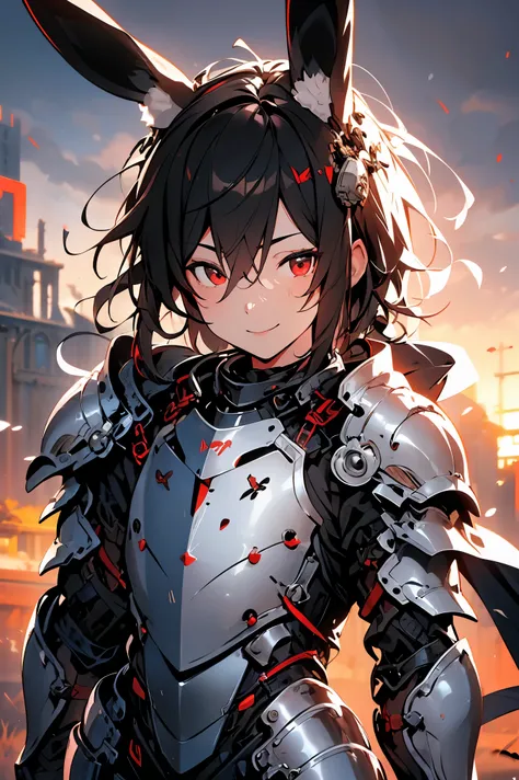 ((masterpiece)), accurate, textured skin, ((super detail)), high quality, high details, highres, best quality, chibi, knight, male, black hair, light smile, mechanical armor, rabbit ear