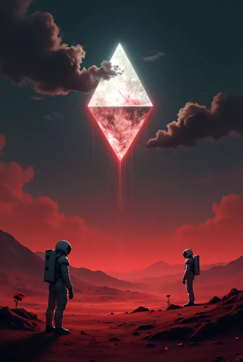 Highly detailed illustration of a small transparent and crystalline triangular prism floating in the sky above Mars, glowing with vibrant white and black light, with subtle red hues scattered across its surface. A few dark, soft clouds surround the prism, ...