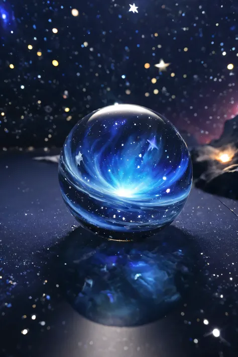 A glass sphere floating on the surface of the water、There are a lot of stars inside、Beautiful Clouds、 Fantastic、 high image quality、 midnight、 Cosmic Space