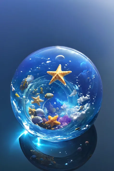 A glass sphere floats in the ocean、Shining Star、Beautiful Clouds、 Fantastic、 high image quality、shell