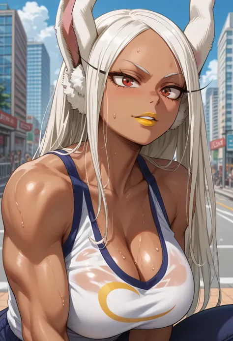 woman, big breasts, yellow lipstick, anime style, red eyes, white hair, rabbit ears, dark skin, strong, city, Rumi Usagiyama, Mirko, sweaty