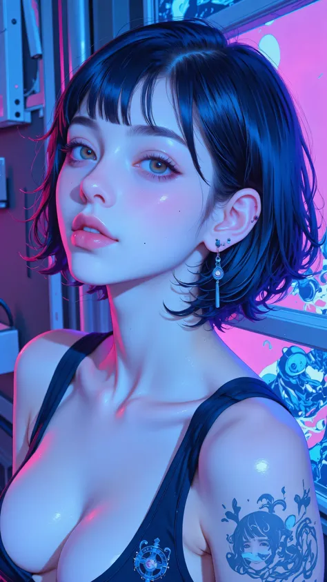 8k, masterpiece, highest quality, Korea's Beautiful Women, Three-quarter view,  short hair,  iridescent blue-pink, glowing strands, smooth skin,  flushed cheeks, large blue eyes,  sleeveless top, splatter-paint effect, neon colors, blurred background, blue...