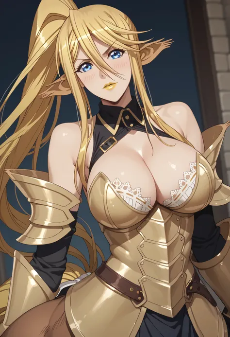 woman, big breasts, anime style, yellow lipstick, blue eyes, blonde hair, skin, centaur, open armor, cleavage, Centorea "Cerea" Shianus, Monster Musume 