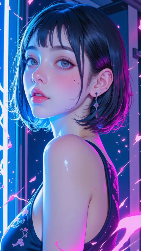 8k, masterpiece, highest quality, Korea's Beautiful Women, Three-quarter view,  short hair,  iridescent blue-pink, glowing strands, smooth skin,  flushed cheeks, large blue eyes,  sleeveless top, splatter-paint effect, neon colors, blurred background, blue...