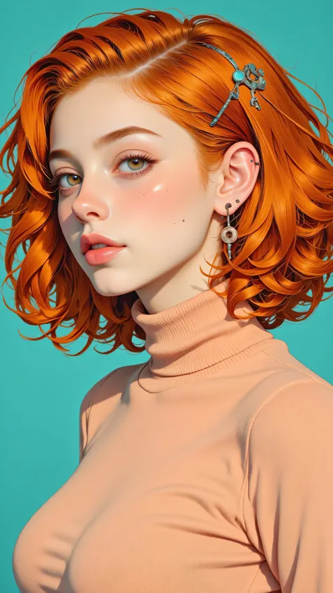8k, masterpiece, highest quality, Korea's Beautiful Women, Surreal orange curls, avant-garde, high fashion, peach turtleneck sweater, teal background, perfect skin, bold makeup, vivid colors, dramatic contrast, creative hair styling,
