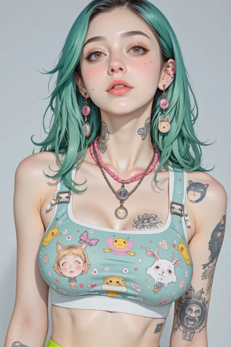 8k, masterpiece, highest quality, Korea's Beautiful Women, Close-up, teal hair, wavy, fair skin, neutral expression, transparent top, colorful stickers, smiley faces, animals, charms, square neckline, thin straps, pink necklace, tattoos, visible arms, midr...