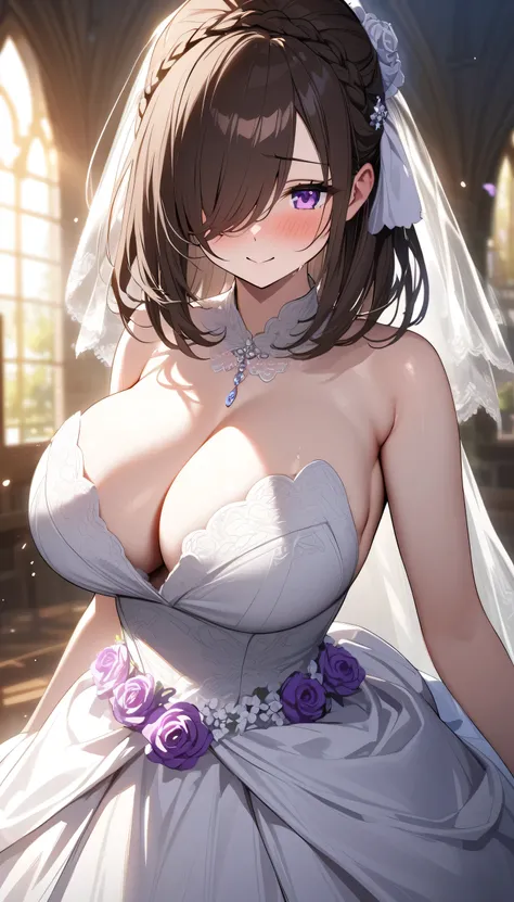 (masterpiece, Highest quality:1.2), (1girl), alone, ((medium hair)), ((dark brown hair)), (straight hair), ((hair over face)), (hair over one eye), (hair over right eye), (), (beautiful detailed purple eyes:1.2), (huge breast), (white kimono wedding dress)...