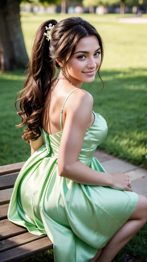 Realistic back photo of the upper body of a brunette flower woman with ponytail, beautiful smile and ready for a kiss. flower in hair, necklace, She smiles over her shoulder at the camera in a long A-line dress with straps made of shiny light green Satin.....