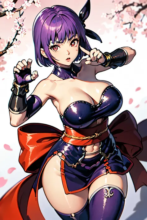 (( Ayane from the Dead or Alive series )) ( beautiful face)(big glowing eye)( red lips) ((( very short straight purple hairstyle ))) (( very big breasts) ( perfect slim body for black women) ( wearing a short black tight strapless dress、 purple and red dec...