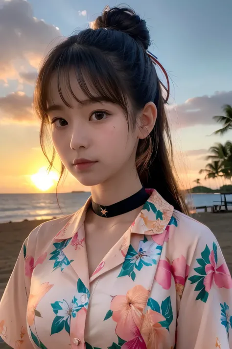 ((( Hawaii Sunset Beach )))、、(Please wear a floral Hawaiian shirt.。..:1.5)、(  natural skin texture,  hyperrealism, Soft light,  sharp), ( complicated details:0.9), ( NFSDW, hyperdetails:1.2), Soft light,  sharp,  Exposure Blend ,  mid-shot, Bokeh, ( NFSDW:...