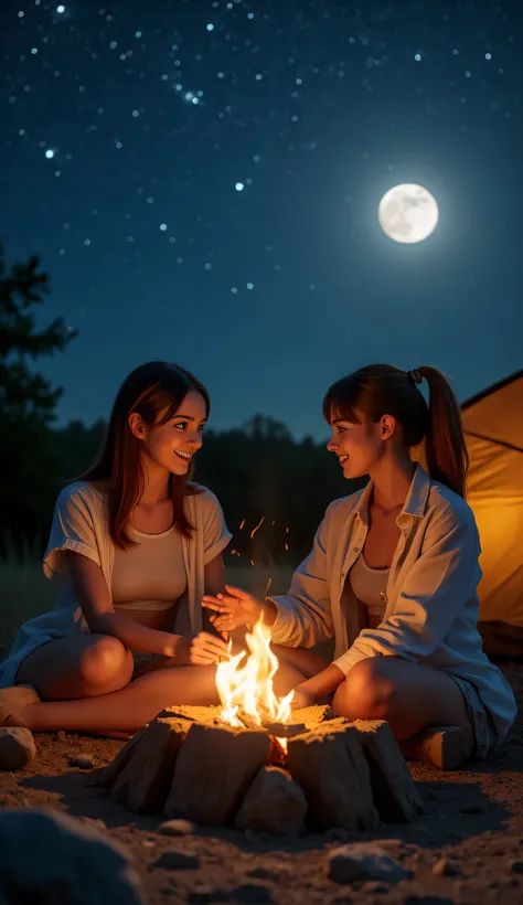 **" A warm summer night under the starry sky .  A fire crackles in the middle of the stage ,  cast its flame warm the light on the faces of the seated couple .  The starry sky stretches over them ,  and the big bright moon illuminates everything around wit...