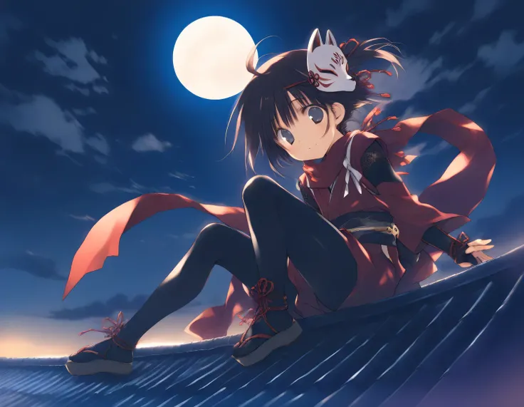 1girl, little female, ninja, beautiful detailed eyes, fox mask, mask on head,night, moon, cloud,  rooftop, wind, sitting, girl focus,game CG, break,(artist:mitsumi_misato),artist:fujiyama,artist:kokonoka,  break,(masterpiece), (best quality), (ultra-detail...