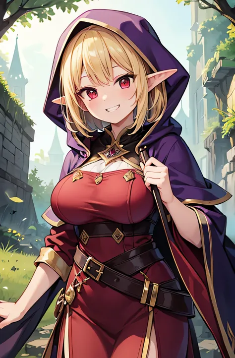  high quality　 Masterpiece　Beauty　 blonde　 wave medium hair　 red eyes　 purple robe　Wearing a purple hood 　 Long Skirt　 elf ears　Big Breasts　 with a confident grin　 the wizard　Forest Western-style building