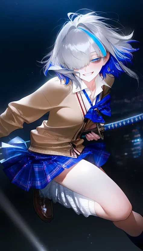 1girl, au (d elete), rella, liduke, pigeon666, reoen, dark blue theme, night, depth of field, cinematic, motion blur, masterpiece, best quality, good quality, newest, medium hair, silver hair, ((highlights hair, blue streaked hair)), blue colored inner hai...