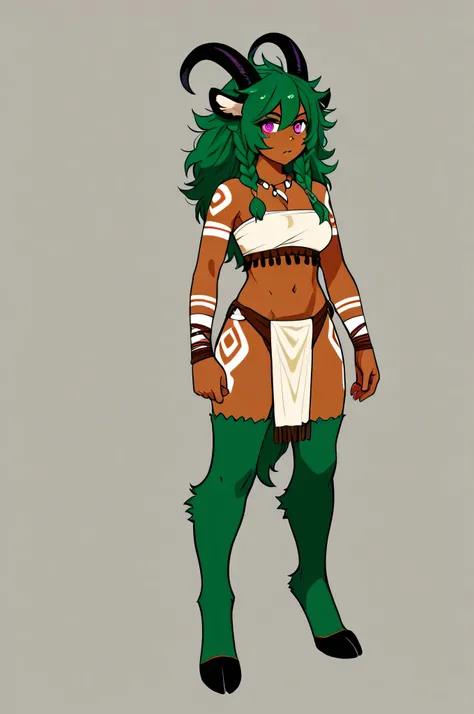 satyr, female, green hair, messy hair, braided hair, green fur, dark skin, pink eyes, tribal clothes, black horns, solo, standing, white tattoos,