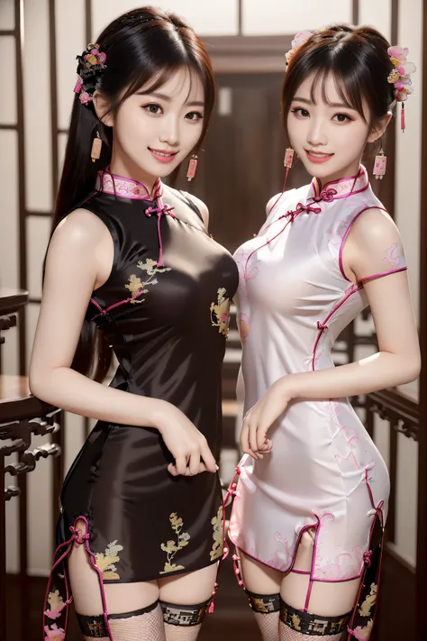 (ultra best quality、超A high resolution、８ｋ、​masterpiece:1.3)、Beautiful Women in Perfect Figure:1.4、、Black hair、((Cheongsam in fishnet stockings))、((((((No background)))))、kawaii、extremely detailed face and skin、Detailed eye、Double eyelids、Skinny Legs、erotic...