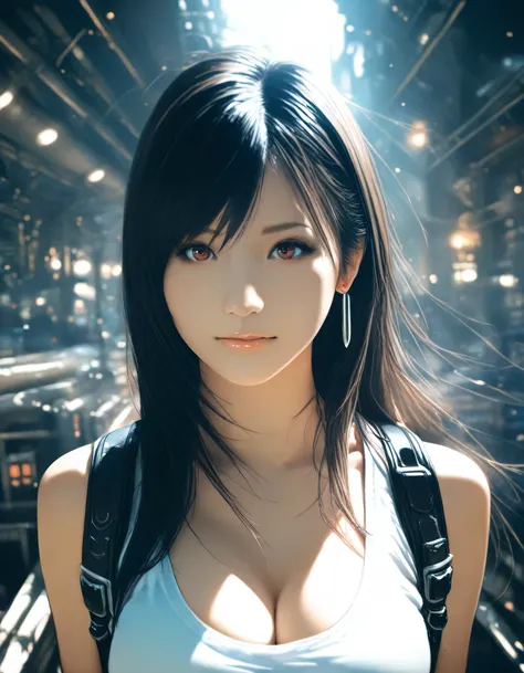 masterpiece, high score, great score, absurdres, 16k, Ultra detailed, (photorealistic : 0.2), 1girl, tifa lockhart, final fantasy, Factory, night view, year 2016, upper body