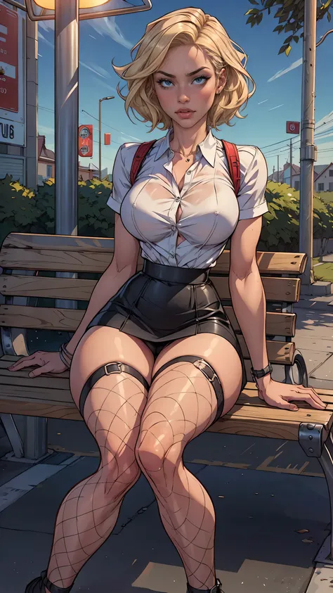 a kinky blonde european girl waiting at a bus stop, extremely detailed, sitting on a bench, wearing a short skirt and fishnets, looking bored, realistic lighting, photorealistic, 8k, highres, masterpiece