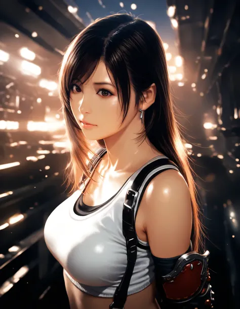 masterpiece, high score, great score, absurdres, 16k, Ultra detailed, (photorealistic : 0.2), 1girl, tifa lockhart, final fantasy, Factory, night view, year 2016, upper body