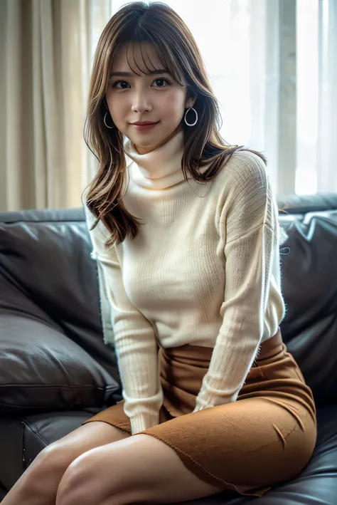 (White turtleneck sweater:1.2),(Midi Skirt :1.2),cowboyshot,smile,
、( sitting on the couch and crossing my legs:1.4),(whole body:1.2),I have paper materials in my hands、( forward bending:1.2),

 1girl , brown hair, medium hair, brown eyes, full body, simpl...