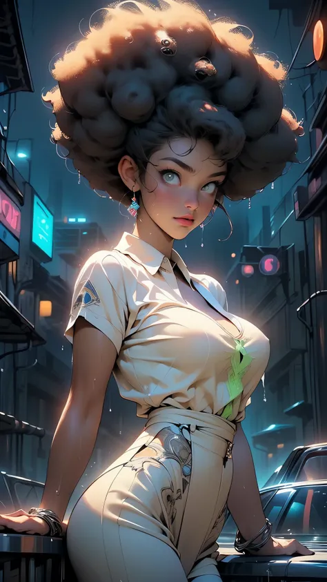 girl spacepunk,(((1girl))),((cute and beautiful afro haired girl)),((((black race)))),

(large breasts:1.4),saggy breasts,((((black afro hair:1.35,((afro hair:1.35)),afrohair,afro:1.35,dark hair,black hair,Double hair bun:1.3)))),medium hair,((heterochromi...