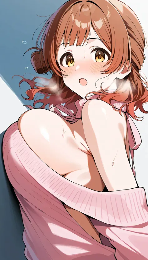 1girl, hanami ume,gakuen idolmaster,, , yellow eyes, brown eyes,blush,, ((pink sweater)), virgin killer sweater, pink virgin killer sweater , hair bun,break,single side hair bun,floating hair, medium hair, looking at viewer, big breasts, brown hair, break,...