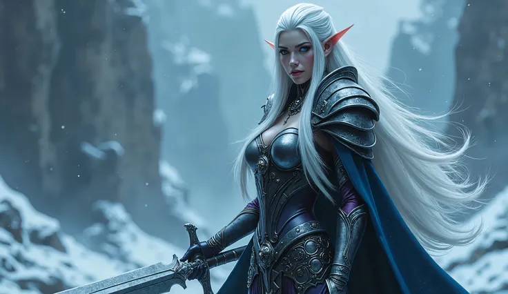  Beautiful elf women,  Death Knight Warcraft,  Long silver hair,  shining eyes ,  big breasts,  beautiful figure, Frostmorn