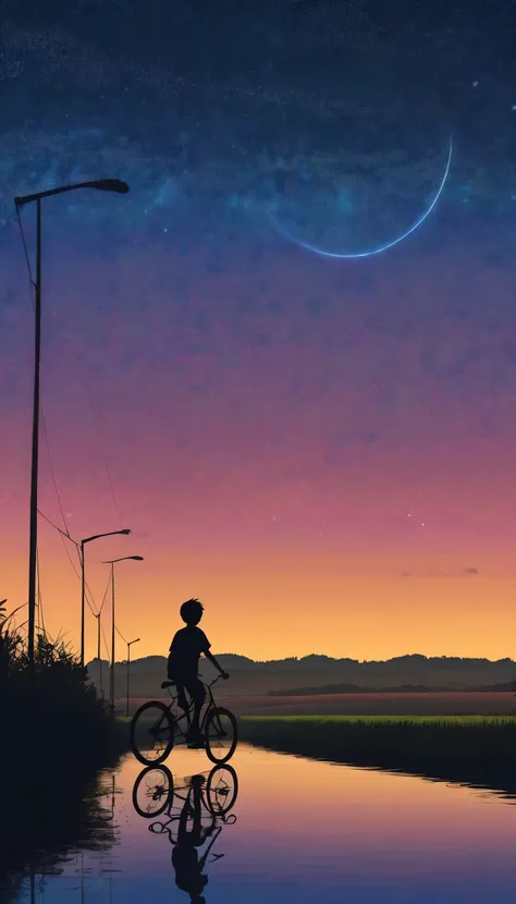 Draw a simple art in Tintinpixai style,minimalist a young boy pequeño con una bicicleta estacionada., nubes,    long exposure starry sky with many circular orbits, focus at stars,silhouette Anime beautiful peace scene, verano  sun sunset nostalgic animated...