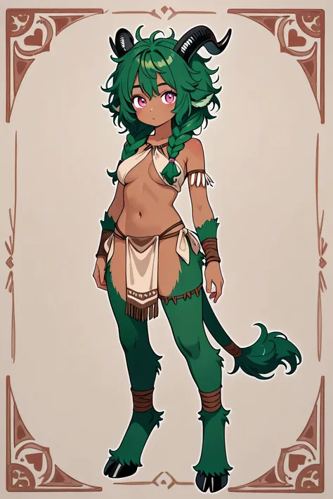 satyr, female, green hair, messy hair, braided hair, green fur, dark skin, pink eyes, tribal clothes, black horns, solo, standing,