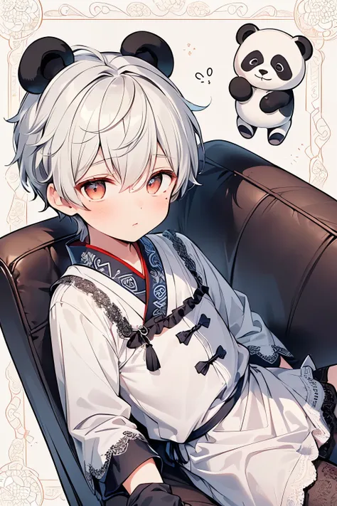 ((A boy:1.3)),((handsome Gay:1.2)),(( An Adult Man :1.15)),short Karl hair,White hair,(lace pattern background:1.25),((top view:1.0)),(lie on the couch:1.15),((Blue japanese style dress:1.1)),(black and white voluminous dress with frills:1.15),((lace Headd...