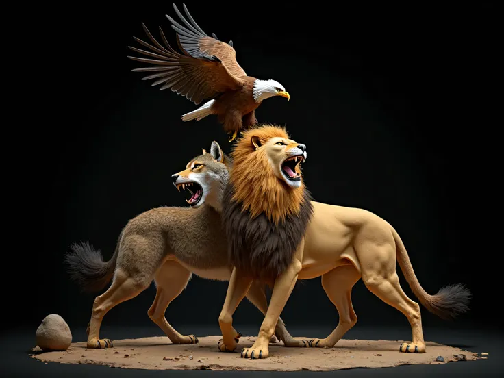 a lion and a wolf , With an eagle on top of them,  with black background,  with realistic details 