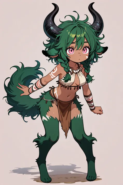 satyr, female, green hair, messy hair, braided hair, green fur, dark skin, pink eyes, tribal clothes, black horns, solo, standing, white tattoos,